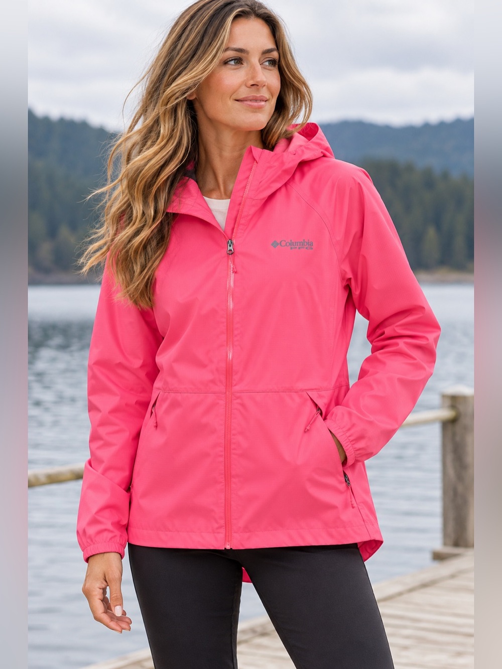 Columbia PFG Neon Pink Hooded Rain Jacket